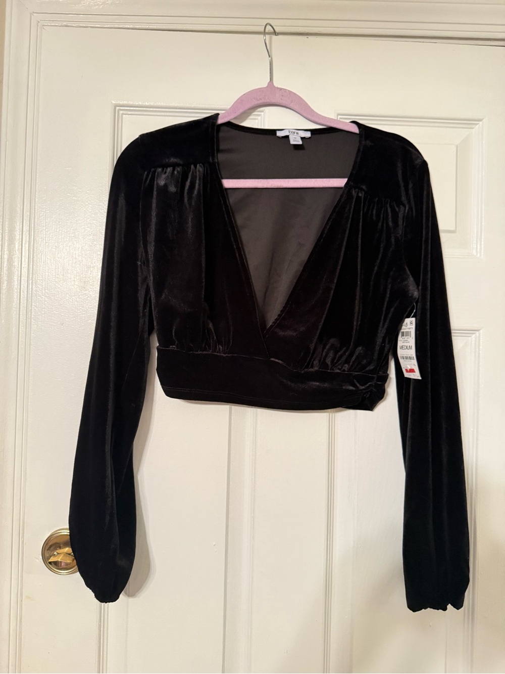 Bar III Black Velvet Long-Sleeve Cropped Wrap Top